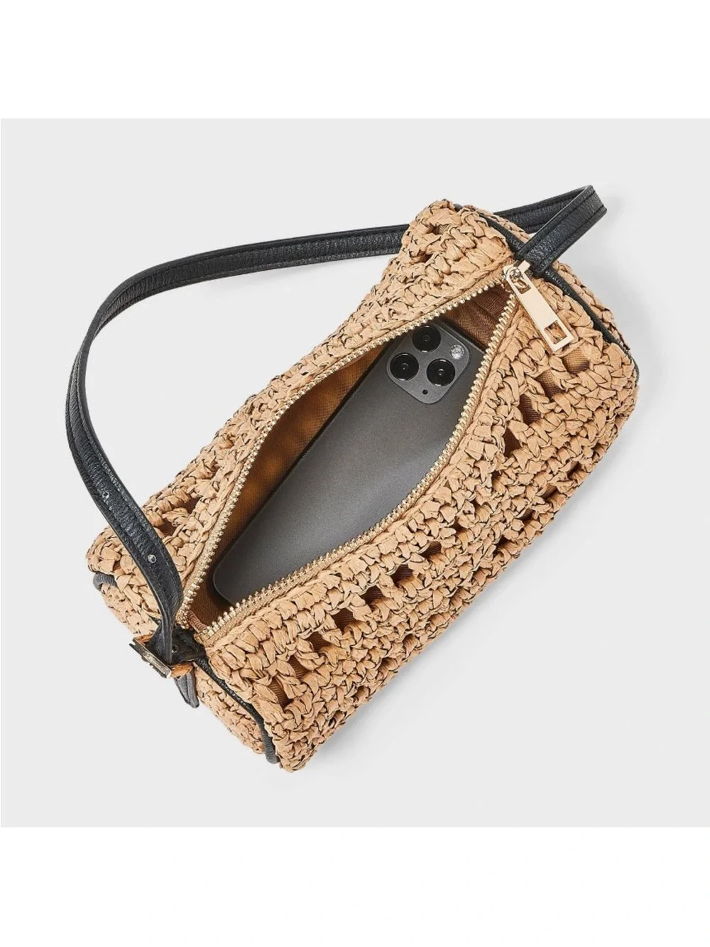 a new day Woven Straw Barrel Shoulder Bag in Tan with Black Strap